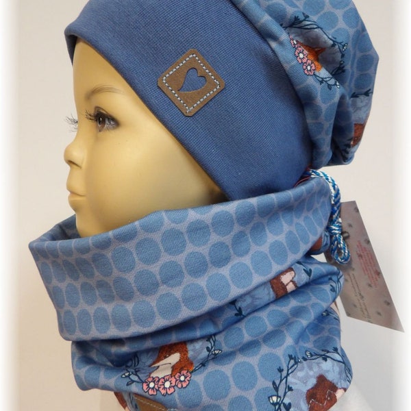 niciart Designer Set Summer Sweat Beanie & Triangular Scarf Loopschal Scarf Cuffs Beanie Beanie Light Blue Brown FOREST ANIMALS