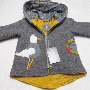 Walk jacket, wool jacket, lined, cotton teddy, baby & children&#39;s jacket, light grey, mustard yellow, MÖWE, 100% new wool, niciart design
