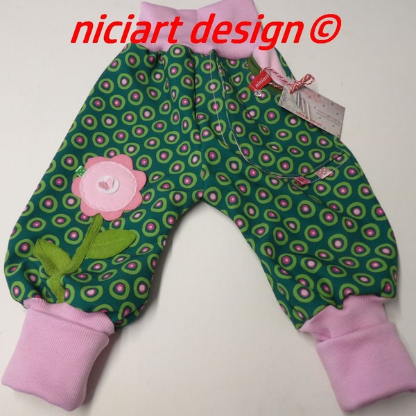 niciart designer softshell trousers Buddelhose baby & children softshell trousers green pink rose RETRODOTS flowers