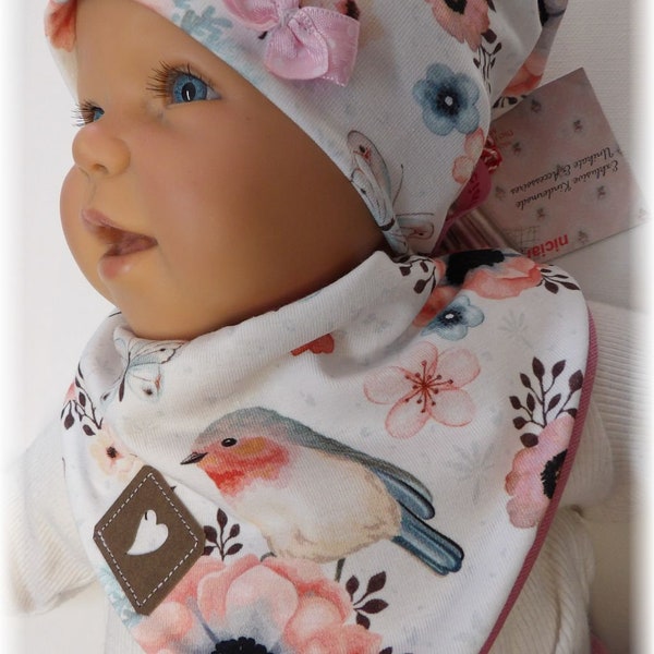 BabySET Beanie & Dreieckstuch Halstuch Sabbertuch Mütze weiß rosa bunt ROTKEHLCHEN niciart design