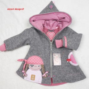 Walkjacke gefüttert Wollwalkjacke Baby u. Kinder Jacke 100% Schurwolle PIRATIN hellgrau altrosa wahlw m Hose niciart design