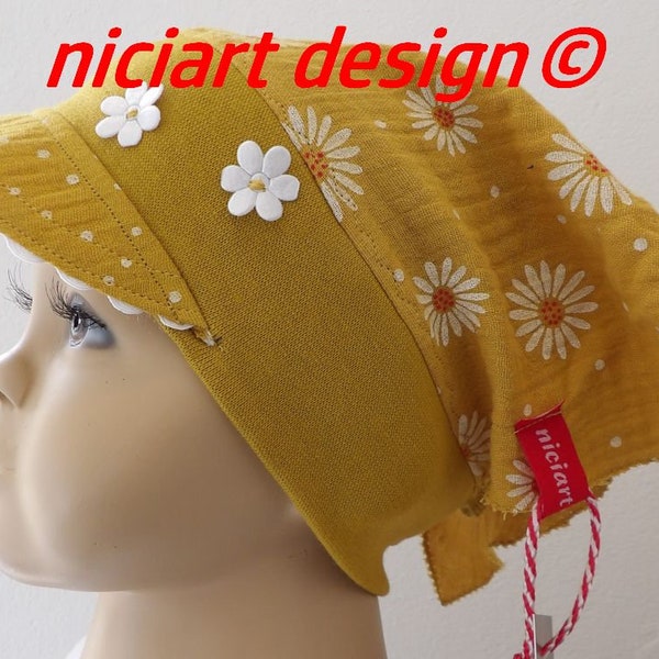 UMBRELLA HEADSCARF Spring Summer Headscarf with cuffs Peaked cap 100% BW Muslin mustard yellow flowers niciart design