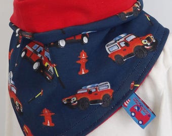 Bufanda infantil triangular con forro de bucle, reversible, de punto, color azul y rojo intenso, de niciart design.