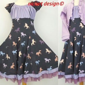 Vestito per l&#39;iscrizione a scuola, abito a ruota, abito per la festa di iscrizione a scuola, UNICORNI in jersey, pony unicorno, a scelta con fascia o bolero, design niciart