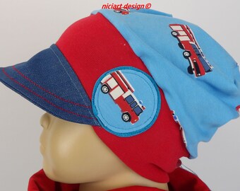 Bonnet parapluie camions de pompiers casquette parapluie poignets en jersey chapeau printemps été turquoise rouge POMPIERS en option avec boucle triangulaire design niciart