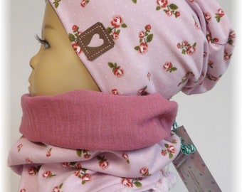 niciart designer set jersey beanie & triangular scarf with bobbles loop scarf scarf hat beanie ROSE pink old pink