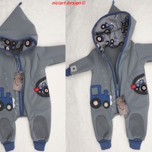 Tuta/tuta softshell per neonati e bambini! Taglie 50-110! Tuta softshell, grigio chiaro e blu denim, TRAKTOR di niciart design