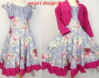 Einschulungskleid Drehkleid Festkleid Partykleid FLOWERS hellblau bunt wahlw. mit Bolerojacke o Stirnband niciart design