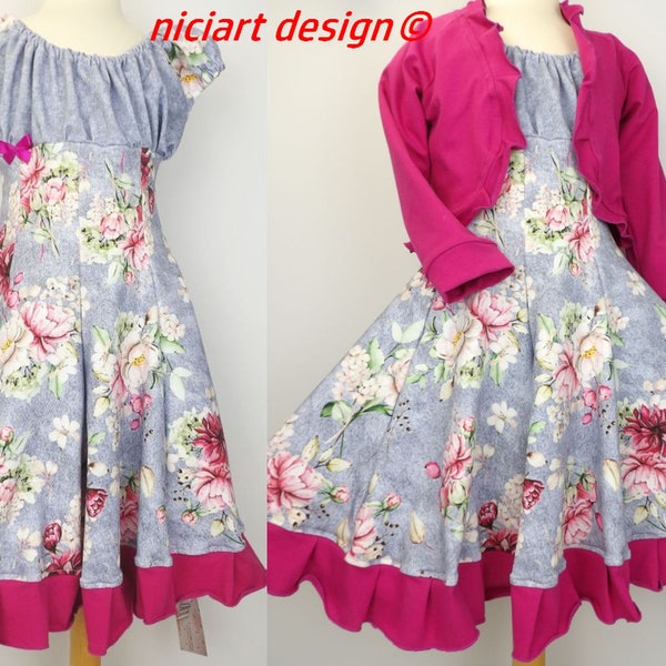 Einschulungskleid Drehkleid Festkleid Partykleid FLOWERS hellblau bunt wahlw. mit Bolerojacke o Stirnband niciart design