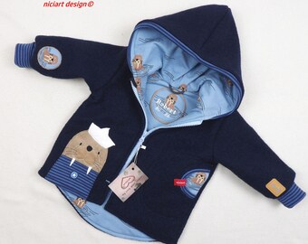 Jaqueta de lã, forrada, *bordado com nome incluso* Jaqueta infantil e para bebês, azul escuro, WALROSS, 100% lã virgem, design niciart