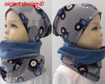 Set hat and loop tube beanie & scarf F/S jersey gray jeans blue TRAKTOR TRECKER niciart design