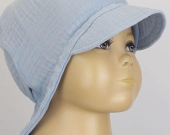 Sombrero de verano, sombrero de muselina, protección para el cuello, sombrero de verano de muselina, sombrero con visera, sombrero para el sol, 100% algodón, azul claro, color liso, diseño niciart
