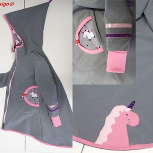 Softshell coat, swallow coat, softshell jacket, transitional jacket, children's, light grey, pink, purple, UNICORN, unicorns, niciart design image 1