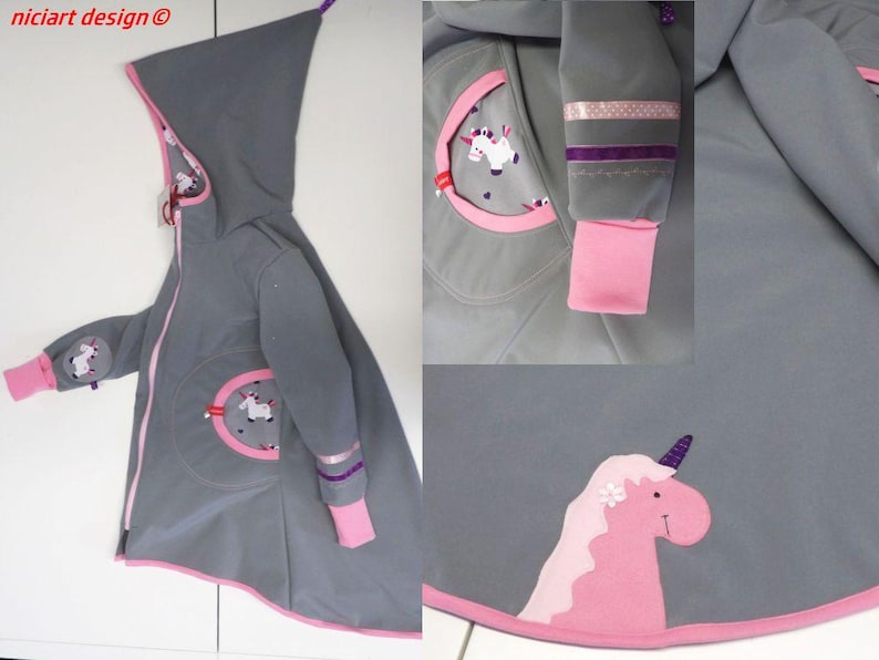 Softshell coat, swallow coat, softshell jacket, transitional jacket, children's, light grey, pink, purple, UNICORN, unicorns, niciart design image 1