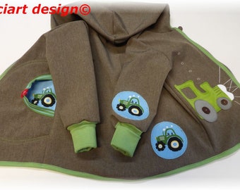 Softshell jas baby/kinder softshell jas weerjas overgangsjas lichtbruin groen TRAKTOR tractor niciart design