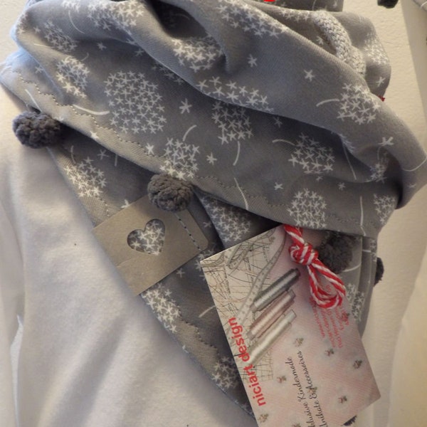 niciart designer CHILDREN'S wrap scarf triangular scarf BW jersey light gray white DANDELIONS toggle knot for fixing