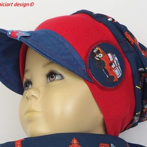 Bonnet pompiers casquette jersey poignets printemps été chapeau bleu rouge TATÜTATAA au choix avec boucle ou écharpe enveloppante design niciart