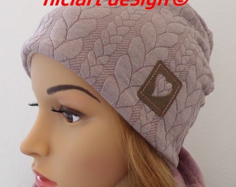 Bonnet tricoté pour femme automne - bonnet d'hiver bonnet jacquard tricot motif torsadé doublure polaire vieux rose ROSEWOOD chiné niciart design