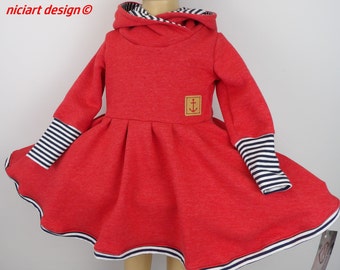 Drehkleid Mädchenkleid Sweatshirtkleid Kapuzen Kleid Kapuzendrehkleid Kuschelkleid rot meliert maritim niciartdesign