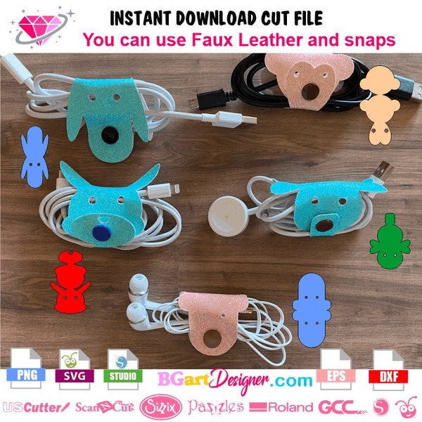 Instant download cable cord wire earbud organizer BUNDLE 5 designs use faux leather and plastic snaps, svg eps cut files, cricut silhouette