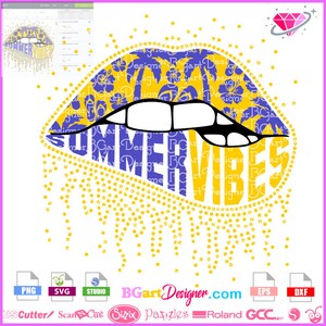 May include: A yellow and purple lips design with the text "SUMMER VIBES" inside. The lips are outlined in black and have a white background. The design is surrounded by yellow dots.