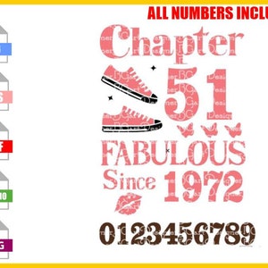 May include: Pink and black graphic design with the text "Chapter 51 Fabulous Since 1972". The design also includes two pink sneakers and butterflies. The numbers 0123456789 are displayed at the bottom of the design.