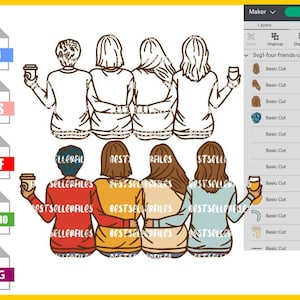 Cuatro mejores amigos sentados Sublimación svg y png en capas de café, archivos de silueta cricut de hermanas del alma, chica de la amistad bebiendo cóctel