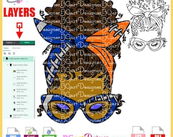 Instant Download woman messy bun hair football bandana svg cricut silhouette, DIY Waterslide, cuttable layered file vinyl sublimation