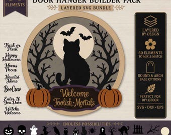 Halloween Door Hanger Builder Pack SVG | Layered Laser Cut Files | Mix & Match Round Oval Arch Sign | Glowforge xTool Cricut