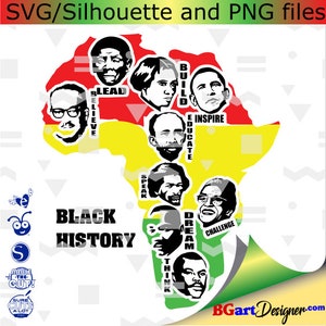 Puede incluir: Un diseño gráfico que presenta un mapa de África en rojo, amarillo y verde, con retratos de figuras históricas. Las palabras "BLACK HISTORY" se muestran de forma destacada. El texto adicional incluye "SVG/Silhouette and PNG files" y palabras inspiradoras.