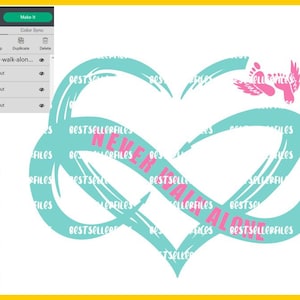 May include: A teal blue infinity symbol with a pink heart in the center. The text "NEVER WALK ALONE" is written in pink inside the heart. A pink footprint with wings is in the upper right corner of the image.