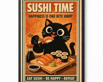 Funny Sushi Cat Poster, Cute Black Cat Eating Sushi Print, Retro Kitchen Wall Art, Japanese Food Poster, Cat Lover Gift, Digital Download