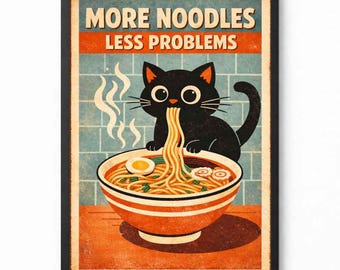 Funny Ramen Cat Poster, Cute Cat Eating Noodles Print, Retro Kitchen Wall Art, Japanese Food Poster, Cat Lover Gift, Digital Download
