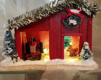 Putz LED light up country rustic farm Christmas Barn for Christmas village or winter wonderland with International farm tractor