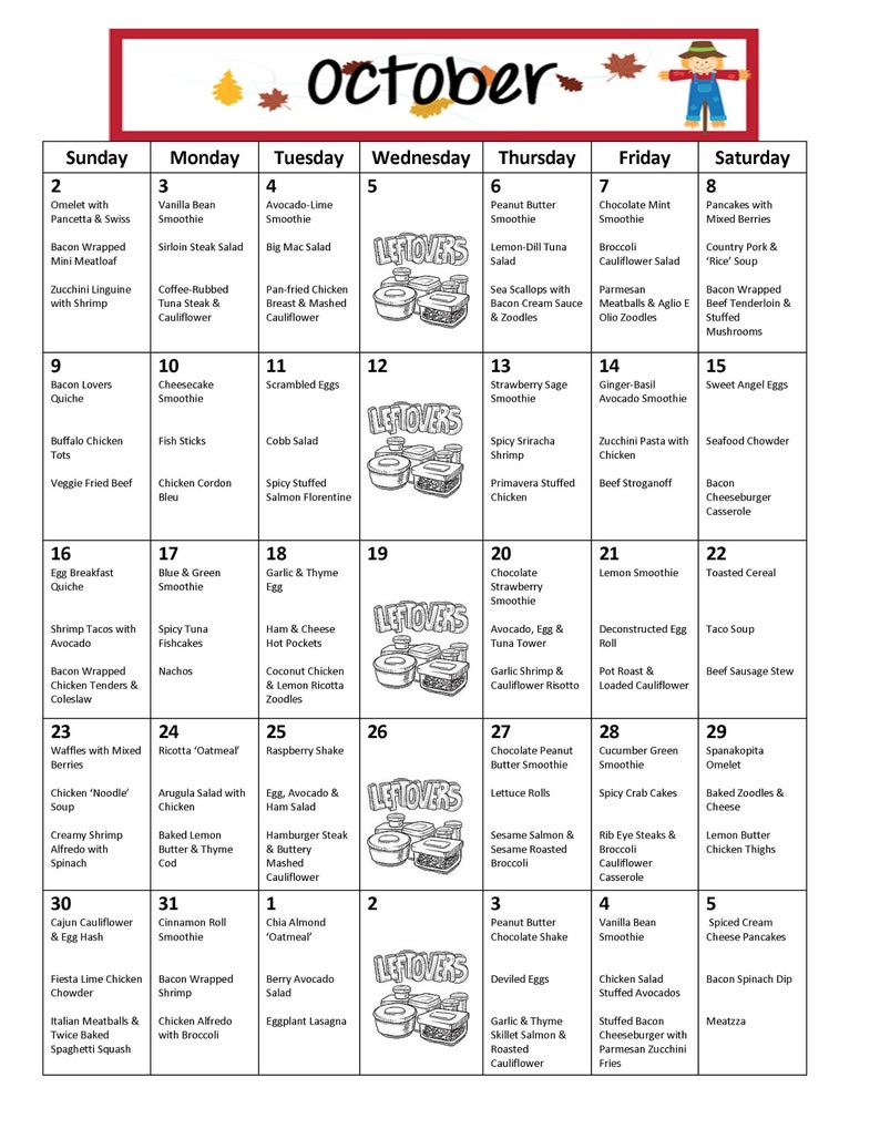 Low Carb October Monthly Meal Plan with Grocery List image 1