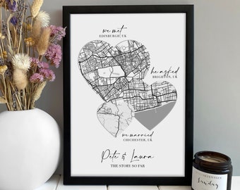 Personalised Couples Anniversary Print  - Met Engaged Married | Map Gift for Her Wife Husband Girlfriend | Valentines Gift for her him