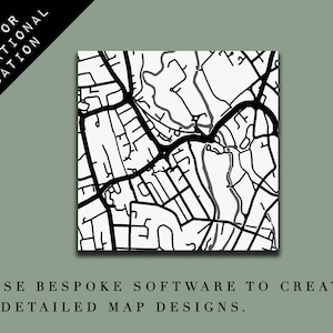 May include: Black and white line art map print of a city or town. The map shows streets, roads, and other features. The print is suitable for framing and would make a great gift for someone who loves maps.
