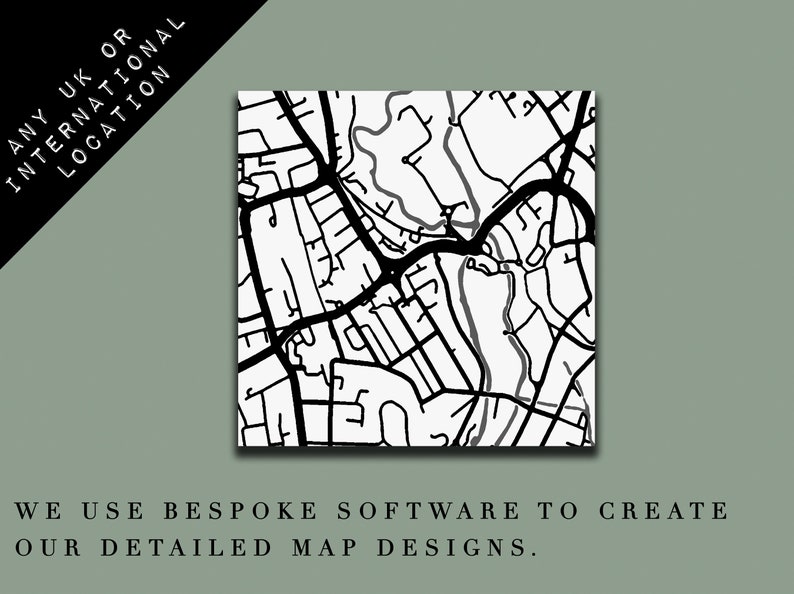 May include: Black and white line art map print of a city or town. The map shows streets, roads, and other features. The print is suitable for framing and would make a great gift for someone who loves maps.