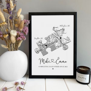 Personalised Couples Map Print - Anniversary Gift, Wedding Gift, Long Distance Relationship, Valentines Gift for Her, Birthday Gift for Him