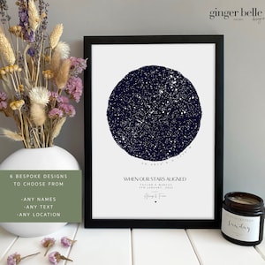 May include: A black framed print featuring a navy blue star map, with the text "When our stars aligned" and the date "7th January, 2022". The print is on a white background and includes a black heart symbol at the bottom.
