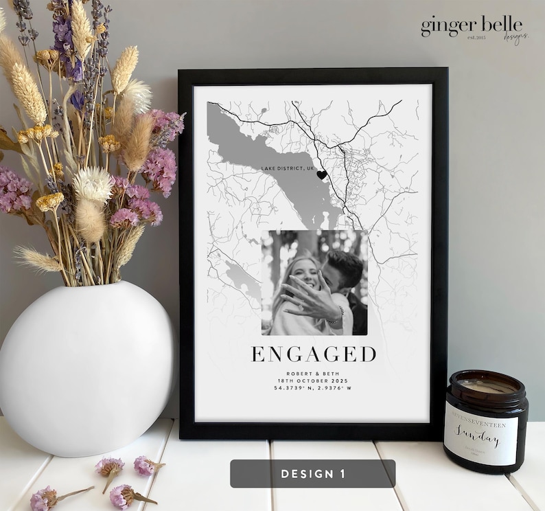 Personalized Couple Map Print - Engagement Gift, Anniversary Gift for her or him Design 1