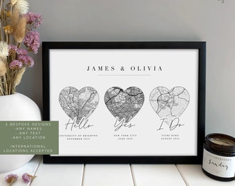 Personalised Anniversary Day Gift - Met Engaged Married | Anniversary Map Gift for Wife Husband | Wedding Couple Gift for her him