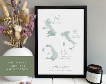 Personalised Couples Anniversary Print - Met Engaged Married | Map Gift for Her Wife Husband Girlfriend, Christmas Wedding Gift for her him