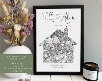 Personalized New Home Map Gift, Housewarming Print for Friends - Framed or Unframed