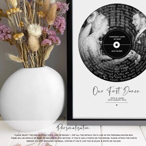 May include: A black and white photo of a couple dancing at their wedding, framed in a black frame. The photo is in the shape of a record with the song "Everybody Loves My Baby" by Jack Palmer printed on it. The text "Our First Dance" is printed below the photo, along with the couple's names and wedding date.