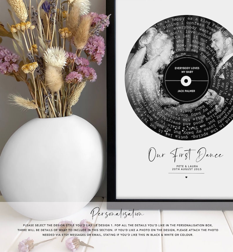 May include: A black and white photo of a couple dancing at their wedding, framed in a black frame. The photo is in the shape of a record with the song "Everybody Loves My Baby" by Jack Palmer printed on it. The text "Our First Dance" is printed below the photo, along with the couple's names and wedding date.