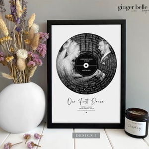 May include: Black and white photo of a couple dancing at their wedding, printed on a vinyl record with the song lyrics surrounding the photo. The text "Our First Dance" is below the record with the couple's names and wedding date.