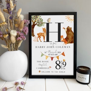 New Baby Gift | Personalised Gift for Newborn |  Animal Custom Name Gift  | Childs Woodland Nursery Print | Gift for Newborn Baby Boy Girl