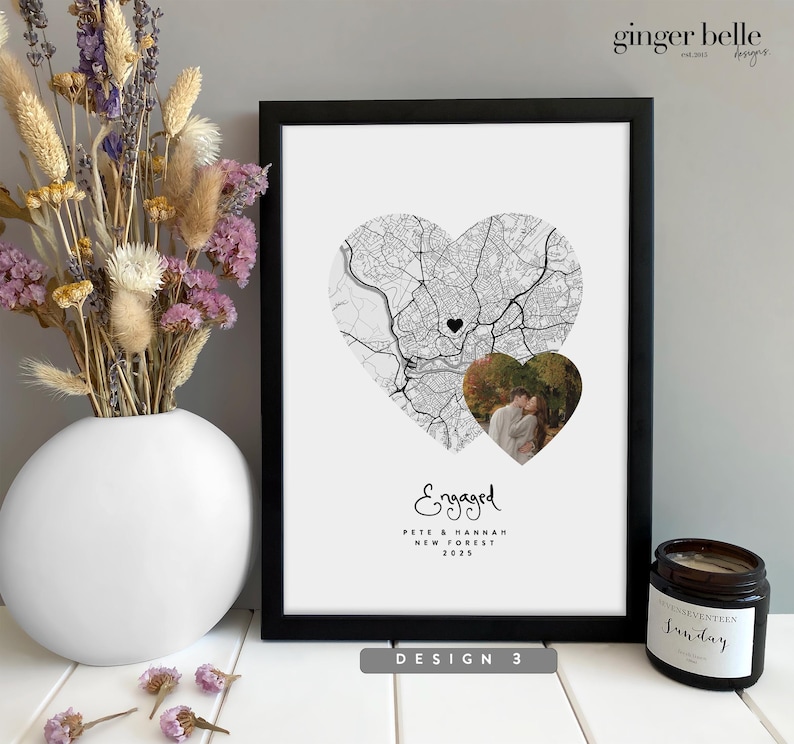Personalized Couple Map Print - Engagement Gift, Anniversary Gift for her or him Design 3