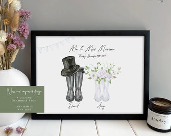 May include: A personalized watercolor illustration of a wedding couple wearing rain boots. The bride's boots are white with a bouquet of flowers. The groom's boots are black with a top hat. The text reads "Mr. & Mrs. Morrison, Thursday December 19th 2019, David, Amy".